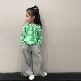 Clothing Sets Korean Girls Spring Wear New Striped Long Sleeve Hooded Tshirt Undershirt Strawberry Sweatshirt Casual Wide Leg Pants Set