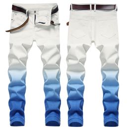 Men's Jeans Fashion Gradient Color Small Straight Stretch Male High Street Slim Long Quality Casual Denim Pants White 230211
