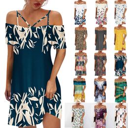 Street Style Dresses UPS free 100pcs/lot Europe, America and Asia Summer Women's Dress Off the Shoulder Adjustable Strap Print Mid-length Dress for girl lady female