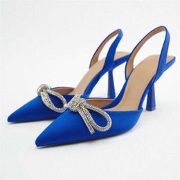 Sandals TRAF Blue Sandals Woman Summer 2022 Luxury Bow Rhinestones High Heels Sexy Slingbacks Party Pumps Women Elegant Heeled Sandals G230211