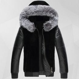 Men's Fur & Faux Top Brand Mens Pu Leather Motorcycle Jacket Coat Trim Hooded Winter Warm Overcoat Classic Black European Large Size