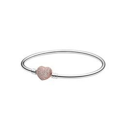 Sparkling Pave Rose Gold Hearts Clasp Bangle Bracelet for Pandora 925 Sterling Silver Wedding Jewellery For Women Girlfriend Gift Charms Bracelets with Original Box