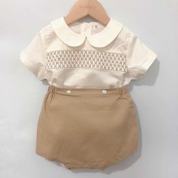 Sets Pcs Children Boutique Clothing Boy Spanish Smocking Set Cotton Linen Summer Short Sleeves Suit Toddler BABI Outfit Breathable
