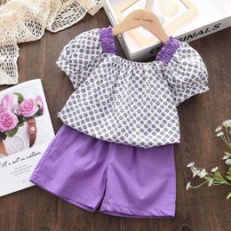 Infant Girls Sets Girl Clothing Kids Outfits Clothes Summer Fashion Purple Puff Sleeve TShirt Solid Shorts pcs Suits