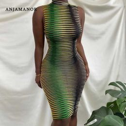 Casual Dresses ANJAMANOR Gradient Striped Mesh Knit Sleeveless Bodycon Midi Dress Sexy See Through Club Clothes for Women Outfits D66-BC12 T230210