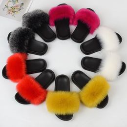 Fling Fur Slippers For Women Fluffy Real Fox Slides ry Raccoon Sandals Ladies Cute Ball Flip Flops Rainbow Shoe Y2302
