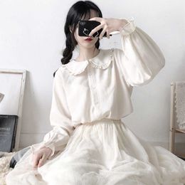 Women's Blouses Shirts Cute Harajuku White Shirt Ruffle Tops Blouse Long Sleeve Sweet Lolita Basic Button Up Shirts Autumn 100% Cotton 230211