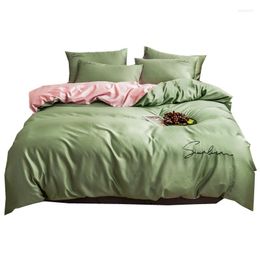 Bedding Sets 2023 Four-piece Simple Cotton Double Household Bed Sheet Quilt Cover Embroidered Piping Comfortable Green-pink