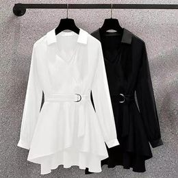 Women's Blouses Shirts Women Shirt Dress Lapel V Neck Long Sleeves Irregular Hem Waist Tight Adjustable Belt Pullover Shirt Top Female Clothing 230211