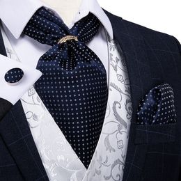 Bow Ties Design Men Silk Cravat Navy Dot Formal Ascot Tie Handkerchief Set With Ring Wedding Formal Self Tie Necktie DiBanGu 230210