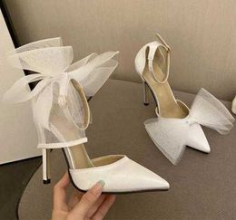 Sandali New Tulle Bow Heels Designer Stiletto Tacchi alti Donna Pompe 2022 Scarpe da sposa in raso rosa Sposa Ladies Party Prom Shoes G230211