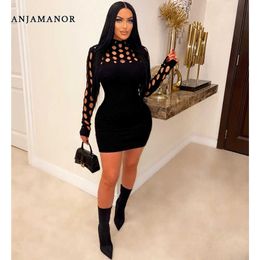Casual Dresses ANJAMANOR Black Knitted Sweater Dresses for Women Fashion Sexy Hollow Out Long Sleeve Short Dress Night Club Outfits D29-ED49 T230210