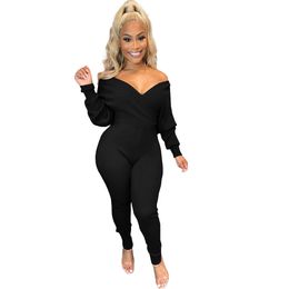 Women Sexy V Neck Jumpsuits Ribbed Knit Long Sleeve Rompers Bodycon One Piece Outfits Off Shoulder Club Outfits