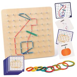 Blocks Coogam Wooden Toys Geoboard Mathematical Manipulative Block 30Pcs Pattern Cards Geo Board with Rubber Bands STEM Puzzle for Kids 230210