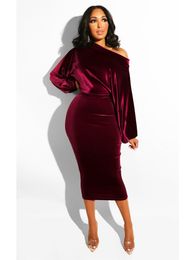 Party Dresses Autumn Elegant Velvet Evening Dress Women Sexy One Off Shoulder Long Sleeve Bodycon Party Midi Dress Winter Clothes 230211