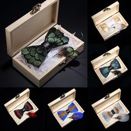 Bow Ties KAMBERFT design handmade feather bow tie brooch wooden box set high quality men's bowtie leather tie for wedding party banquet 230210