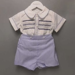 Sets Children Boutique BABI Boys Handmade Smocked Embroidered Blue Stripes Set Cotton Short Sleeves Baptismal Clothing Suit