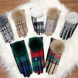 Designer Five Fingers Women's Cashmere Gloves Ladies Touch Screen Furry Fur Ball Plaid Wool Driving Glove Female Mittens