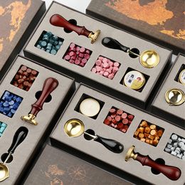 Stamps 6pcs/set DIY Wax Seal Map Gift Box Kit Detachable Stamp Spoon Set ing Beads Retro Wedding Packaging Gifts 230211