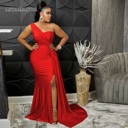 Casual Dresses ANJAMANOR Red Party Evening Dresses for Woman Elegant Sexy One Shoulder High Split Maxi Mermaid Dress African D42-EF55 T230210