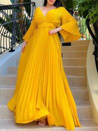 Party Dresses Sexy V-Neck Pleated Dinner Party Dress Women Yellow Elegant with Belt Long Sleeve Robe Femme African Maxi Red Vestido 230211