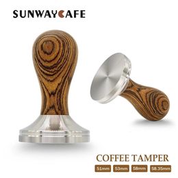 Tampers 51/53/54/58/58.35mm Coffee Tamper Golden Sandalwood Handle 304Stainless Steel Powder Hammer Espresso Cafe Tools Barista 230211