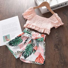 Clothing Sets Baby Girls Fashion Clothes Set New Summer Solid Colour Tshirt Floral Short Pcs Outfits Children Holiday Casual Suits