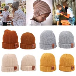 Berets Baby Knit Hat For Boys Girls Autumn Winter Warm Kids Beanie Adult Children Parent-Child Hats Cap With Leather Label