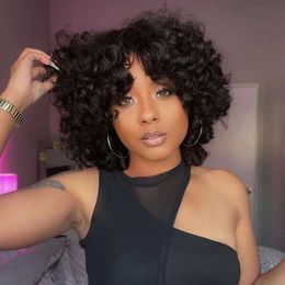 Rose Curly Fumi Human Hair Wig With Bangs Full Machine Made Deep Wave Short Bob For Black Women Water Virgin Brazilian Pixie Cut hot bouncy curls fluffy natural black 1b