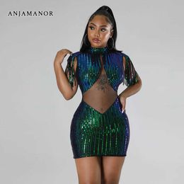 Casual Dresses ANJAMANOR Embellished Sequin Mesh Fringed Bodycon Mini Dress Sexy Club Wear Birthday Party Dresses for Women 2023 D57-EC25 T230210