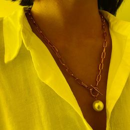 Pendant Necklaces Metal Thick Chain White Pearl Balls Necklace Toggle Clasp Big Chunky Simple Punk Style Long FemalePendant