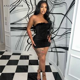 Casual Dresses ANJAMANOR Strapless Backless Bodycon Mini Dress with Feathers Winter Fashion Women Black Club Outfits Sexy Party Dress D36-BF20 T230210