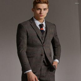 Men's Suits Brown 3 Piece Mens Tweed Wool Check Regular Fit Notch Lapel One Button Groom Tuxedos