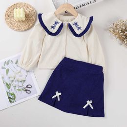 Clothing Autumn Girl Set Korean Version Embroidered Lapel Shirt Two Sets of Spring Children's Dark Blue Skirt Casual Style Suit