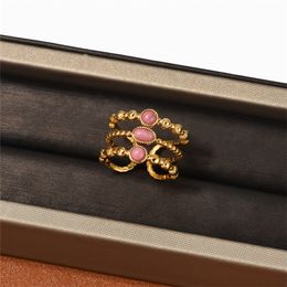 Pink Gem Hollow Metal Geometric Ring Adjustable French Ins Light Luxury Temperament Personality Jewellery Accessories