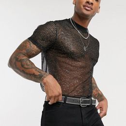 Men's T Shirts 5XL Sexy Men T-shirts Mesh See Through Bling Shorts Sleeve Streetwear O-neck Casual Fitness Outfits Tee Tops Male