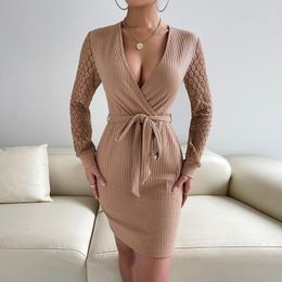 Casual Dresses Sexy Deep V-neck Lace Long Sleeve Patchwork Women Pullover Dress Spring Autumn Slim Knit Sweater Elegant Ladies Vestidos