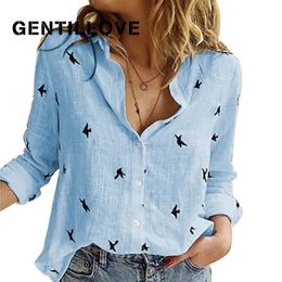 Women's Blouses Shirts Casual Long Sleeve Birds Print Loose Shirts Women Oversized Cotton and Linen Blouses and Tops Vintage Streetwear Tunic Tees 230211