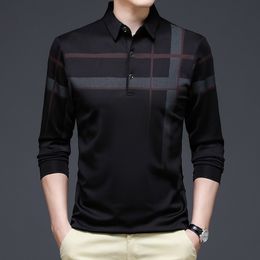 Men's Polos Ymwmhu Fashion Black Men Shirt Long Sleeve Striped Autumn Business T-shirt Streetwear Man Korean Clothing 230211