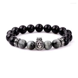 Strand Simple Design Animal Stainless Steel Wolf Lion Buddha Charms Natural Stone Eagle Beads Elastic Bracelet Men