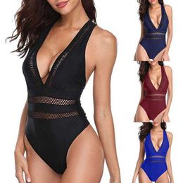 Womens Swimsuit Siamese Triangle Solid Color Waist Tight Covering Belly Thin