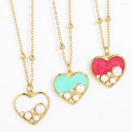 Pendant Necklaces FLOLA Enamel Colourful Heart For Women Pave Mini Pearl Beaded Gold Plated Jewellery Lover Gifts Nkeb776