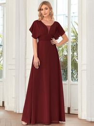 Party Dresses Elegant Evening Dresses Double V-neck a flowy skirt and Ruffle Sleeves Ever Pretty of Chiffon Burgundy Bridesmaid Dress 230210