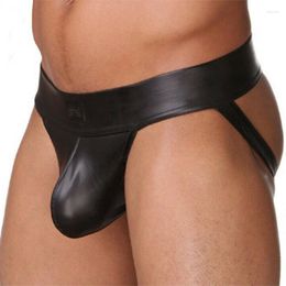 Underpants Sexy Men's PU Leather Briefs Underwear Black Male's G-StringsThongs Sissy Panties