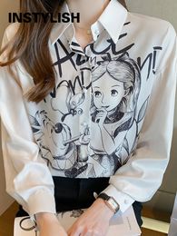 Women's Blouses Shirts Korean Harajuku Cartoon Print Chiffon Blouse Elegant Women Long Sleeve Loose Shirt Luxury Chic Tops Female Tunics Streetwear 230211