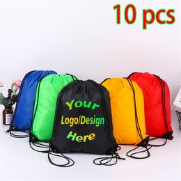 School Bags 10 pcs Custom Printing Promotional Outdoor Casual Gym Sport Waterproof Polyester Drawstring Backpack Bag Drop 230210