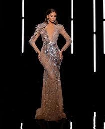 Luxury Prom Dresses Long Sleeves V Neck 3D Lace Leaves Hollow Sexy Appliques Sequins Beaded Floor Length Celebrity Zipper Evening Dresses Plus Size Custom Made