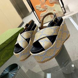 Women's Platform Slide Sandals Designer Canvas Thick Bottoms Ladies Slides Flip Flops Fashion Summer Slipper Beach Shoes With Box Size35-42 NO298C