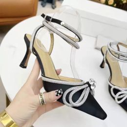 High Heeled Sandals 6Cm Shoe Shoes Pointed Shoes 100% Leather Summer Women Fine Heel Heels Sexy Pearl Satin Womens Cloth Lady Diamonds Large size 35-42 with box