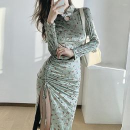 Casual Dresses Sexy Bodycon Velvet Dress Women Autumn Winter Long Sleeve High Split Party Female Floral Print Elegant